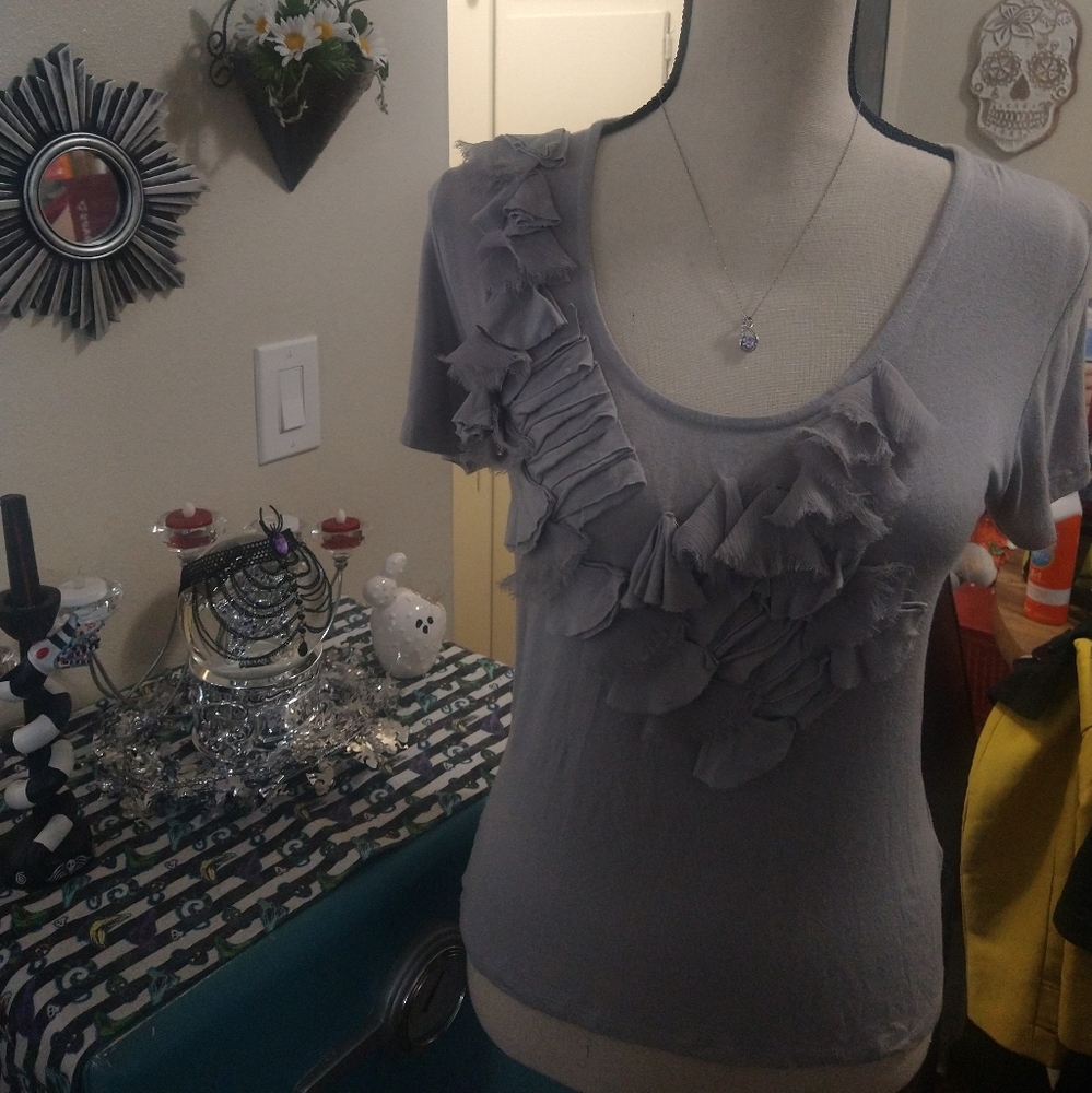 Grey Ruffled Front Top
